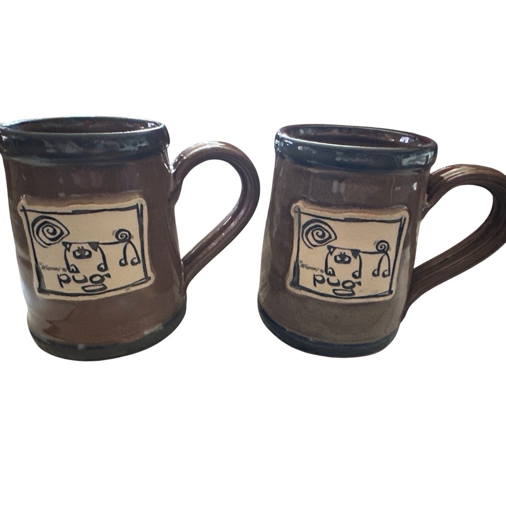 McCartney 1998 Studio Pottery Pug Mugs Set of 2 Brown Stoneware Artist Signed